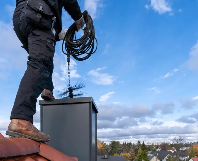 Chimney technician inspecting a rooftop chimney